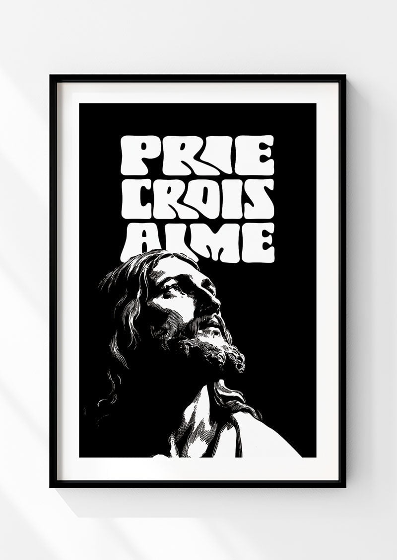 Affiche chrétienne représentant jésus en noir et blanc avec texte en français dans un cadre noir