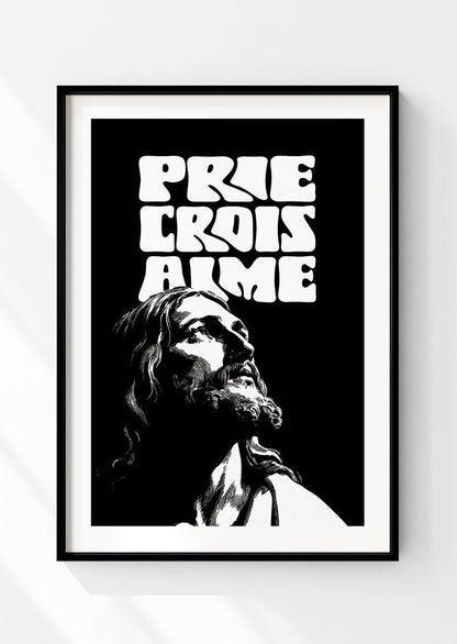Affiche chrétienne représentant jésus en noir et blanc avec texte en français dans un cadre noir
