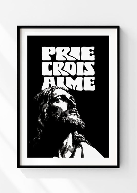 Affiche chrétienne représentant jésus en noir et blanc avec texte en français dans un cadre noir