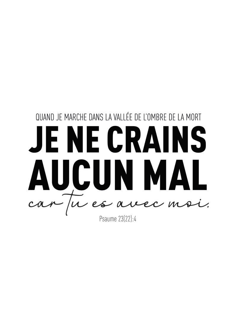 Affiche chrétienne du psaume 23:4 "je ne crains aucun mal" en typo noir sur fond blanc