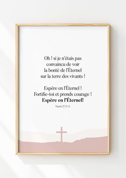 Affiche chrétienne du psaume 27:13-14 dans un cadre en bois