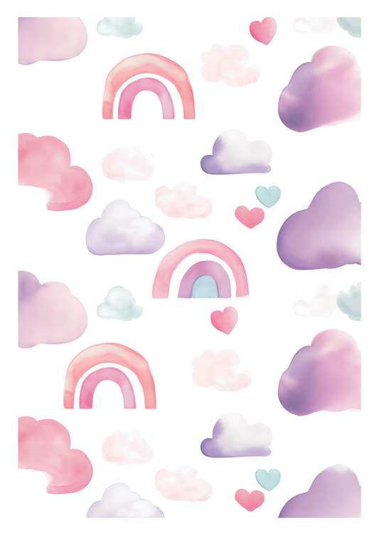 Affiche chambre enfant arc en ciel, cœurs et nuages à l'aquarelle, rose et violet.