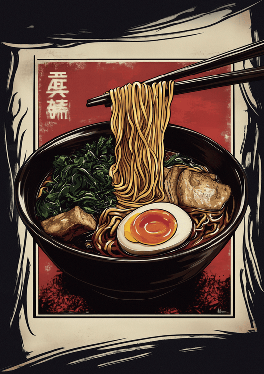 Affiche cuisine d'un bol de ramen avec un œuf, sur fond rouge noir et blanc.