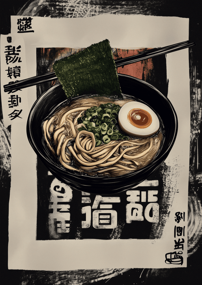 Affiche cuisine d'un bol de ramen avec feuille de nori, sur fond noir et blanc.