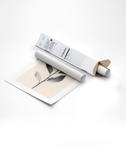 Illustration botanique d'une branche de feuilles sur fond beige, dans un carton triangulaire.