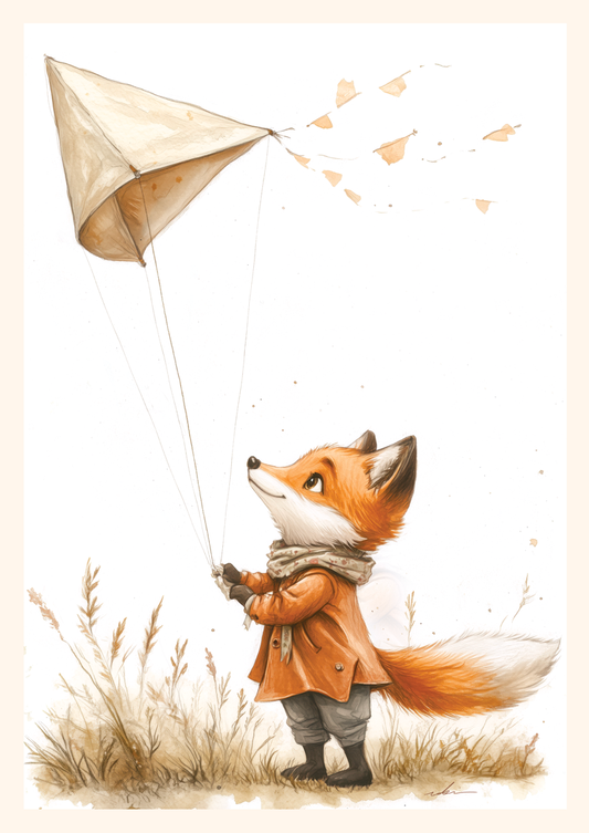 Affiche chambre enfant d'un renard faisant du cerf volant, sur fond blanc.