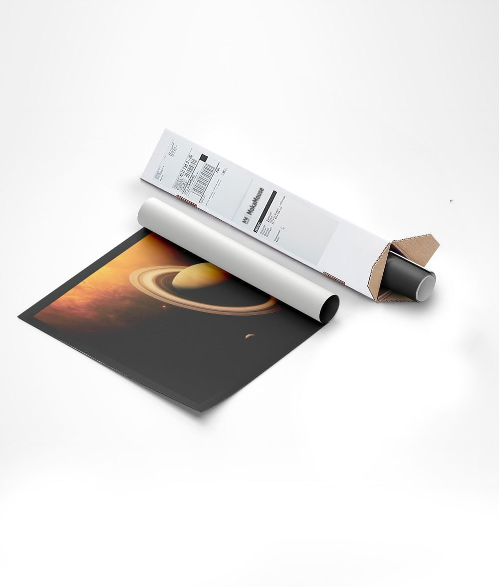 Affiche murale espace de la planète saturne emballée dans un carton triangulaire.