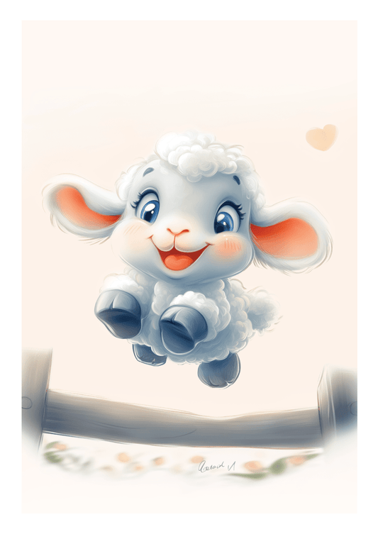 Affiche pour chambre bébé d'un mouton sautant une barrière, sur fond blanc.