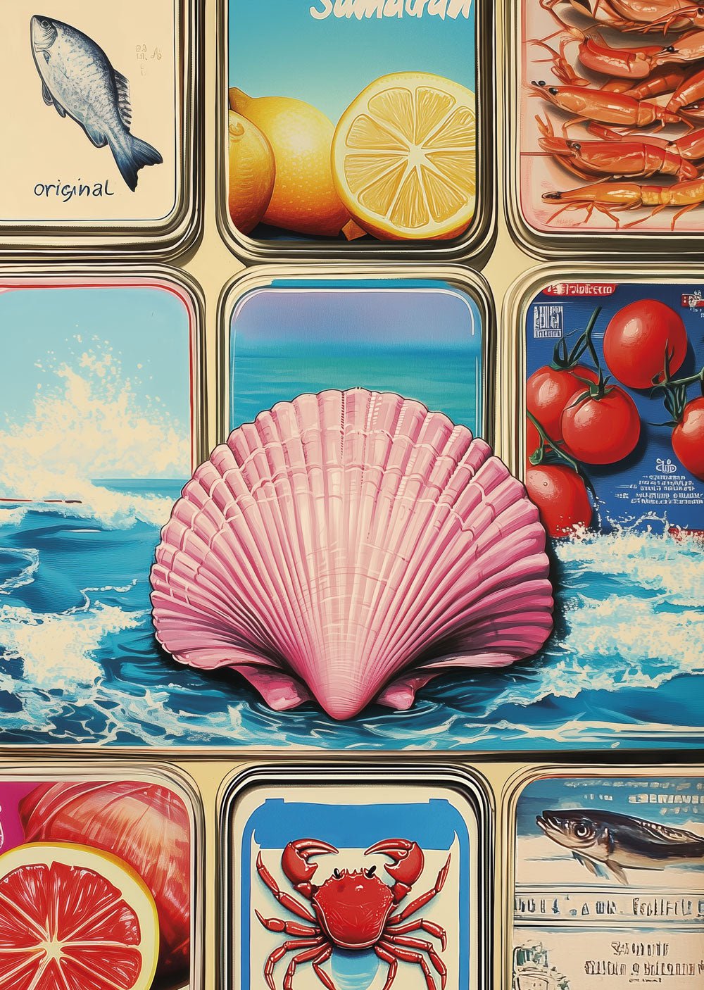 Affiche mer rétro d'un coquillage rose au milieu d'image de mer et de crustacés