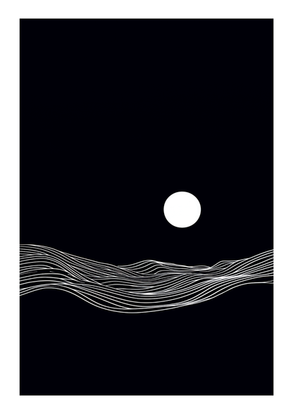 Affiche murale surréaliste d'un océan fait de lignes blanches sur fond noir avec un soleil