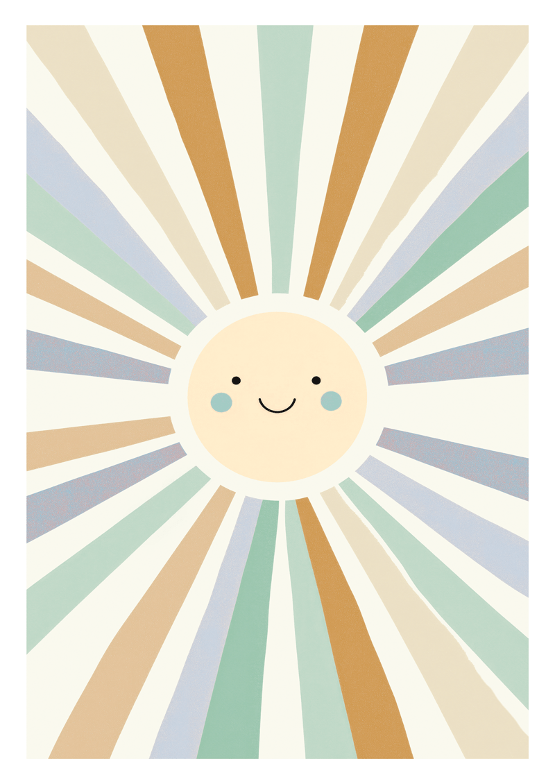 Affiche pour chambre bébé avec un soleil bleu doux et rassurant aux couleurs pastels bleu.