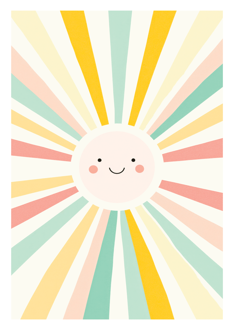 Affiche pour chambre bébé illustrant un soleil jaune éclatant et joyeux