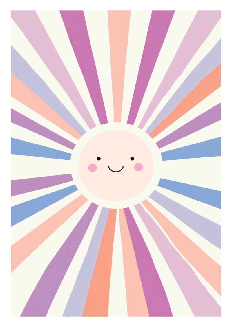 Affiche pour chambre bébé d'un soleil en violet pastel, parfaite pour une déco douce.