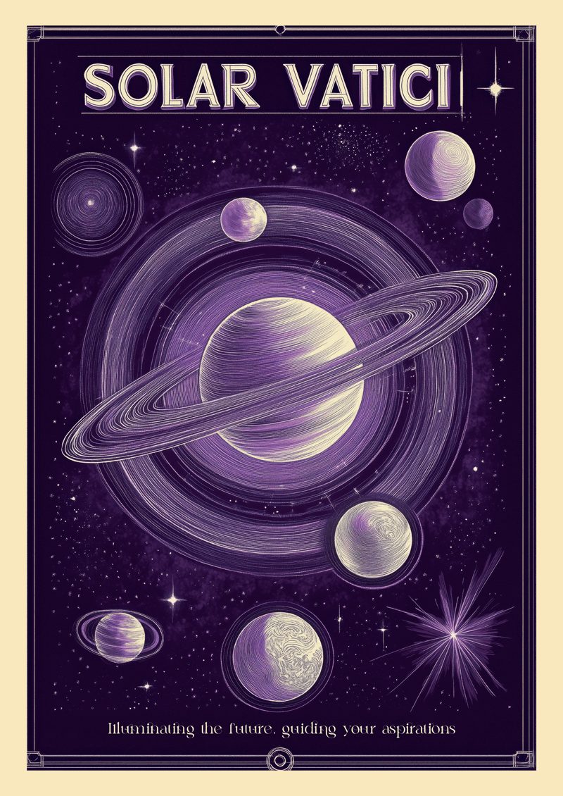 Affiche vintage d'un système planétaire imaginaire "solar vatici" dans des tons pourpres.