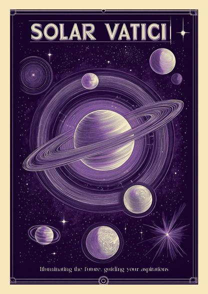 Affiche vintage d'un système planétaire imaginaire "solar vatici" dans des tons pourpres.