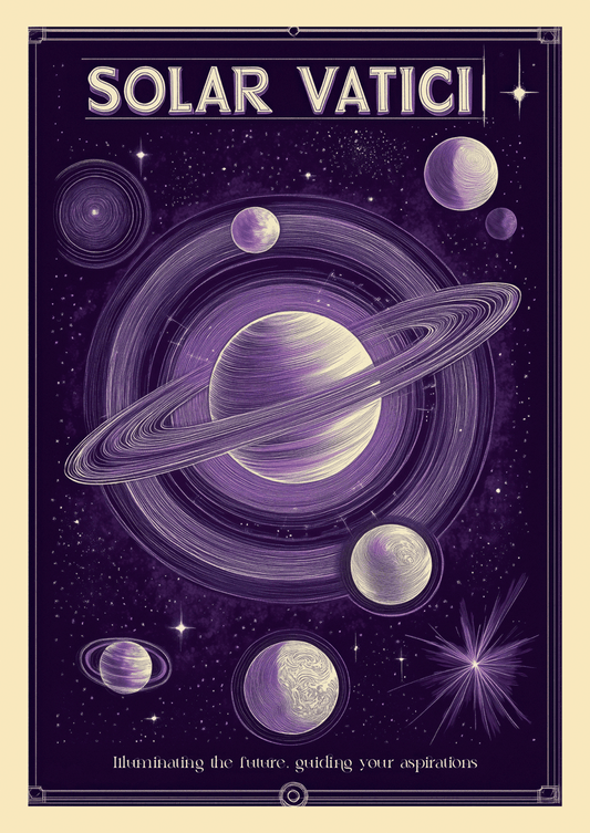 Affiche vintage d'un système planétaire imaginaire "solar vatici" dans des tons pourpres.