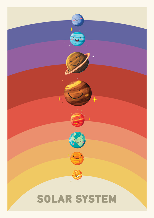 Affiche chambre enfant du système solaire ludique avec le texte "solar system".