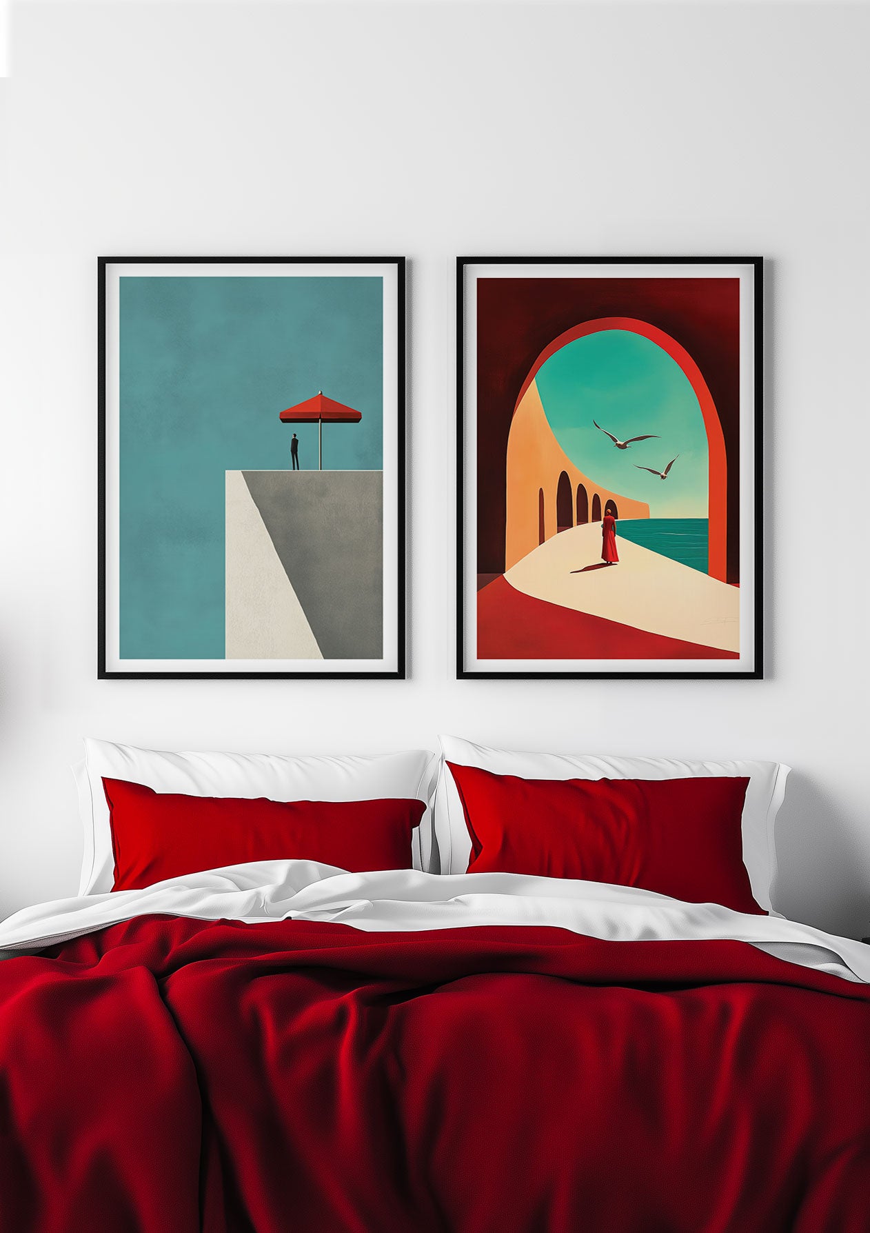 Duo d'affiche illustration encadrée au dessus d'un lit, dans une chambre.