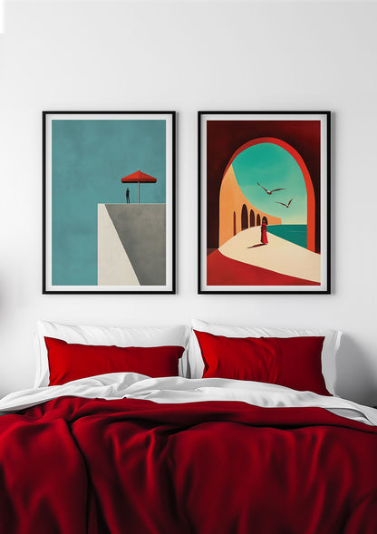 Duo d'affiche illustration encadrée au dessus d'un lit, dans une chambre.