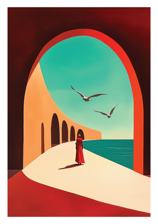 Affiche illustration d'une femme marchant au bord de mer, sous une arche.