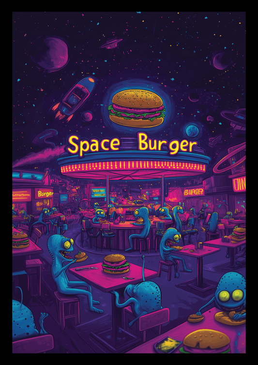 Affiche déco pop-culture d'un fast food pour alien dans les teintes de bleu et violet.