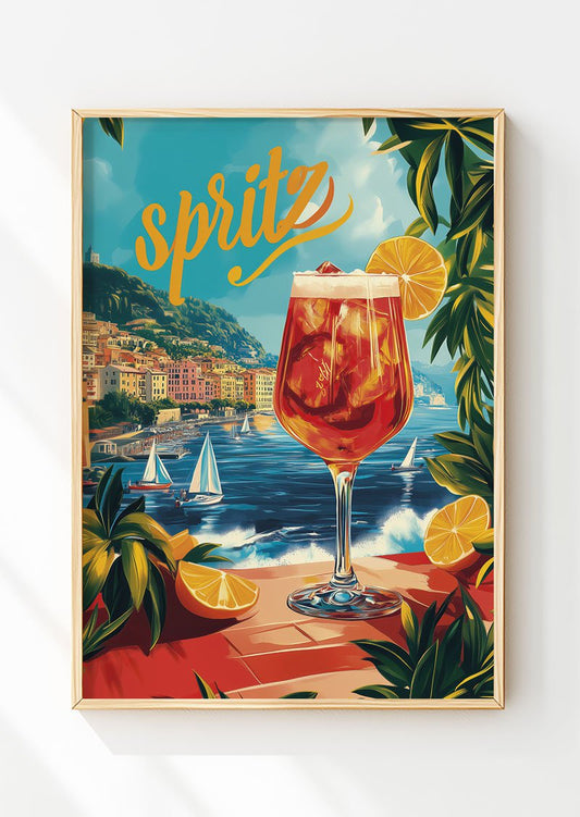 Poster italie d'un verre de spritz et la mer en arrière plan avec le titre Spritz dans un cadre en bois