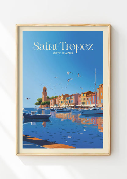 Poster vintage, d'une illustration de  la ville de Saint-Tropez dans un cadre en bois.