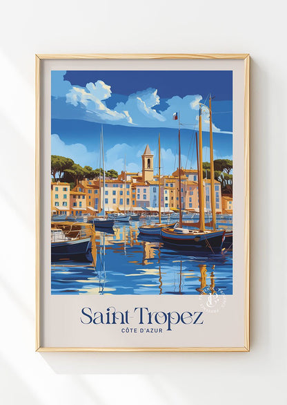 Poster vintage illustrée dans un cadre en bois, du port de Saint-Tropez.