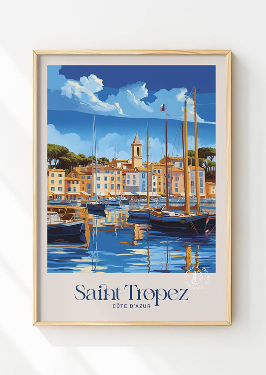Poster vintage illustrée dans un cadre en bois, du port de Saint-Tropez.
