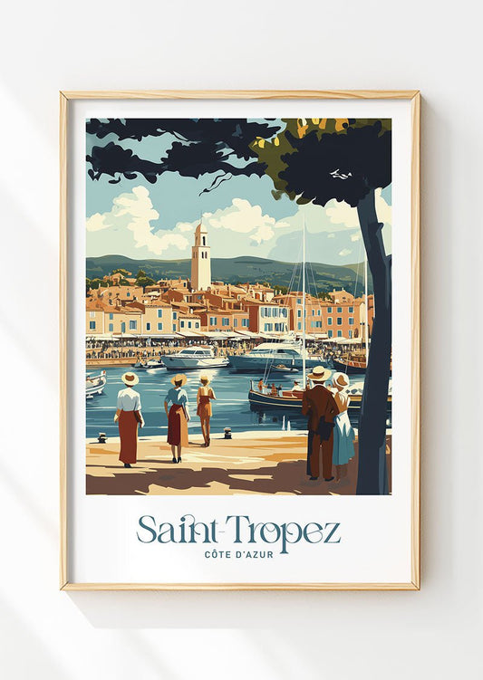 Poster vintage d'une balade sur le port de Saint-tropez, dans un cadre en bois