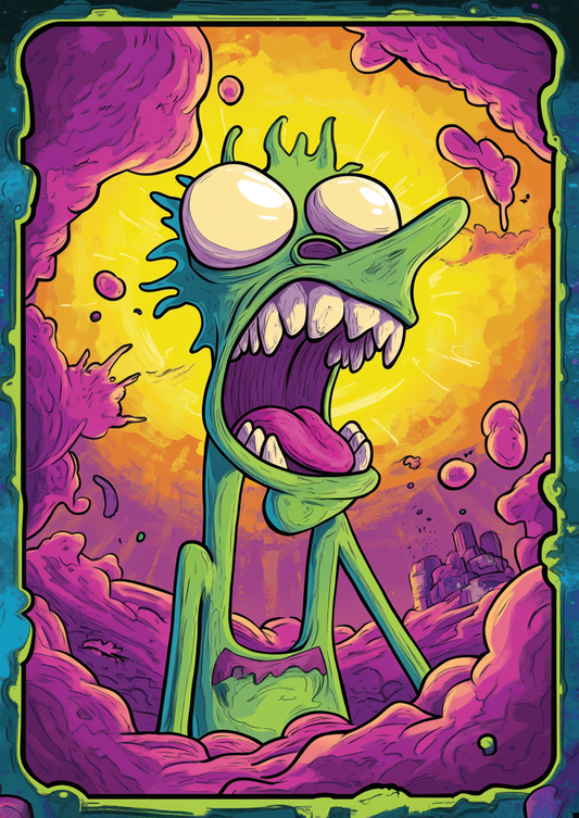 Affiche déco pop-culture d'un monstre vert dans un décor violet et jaune.
