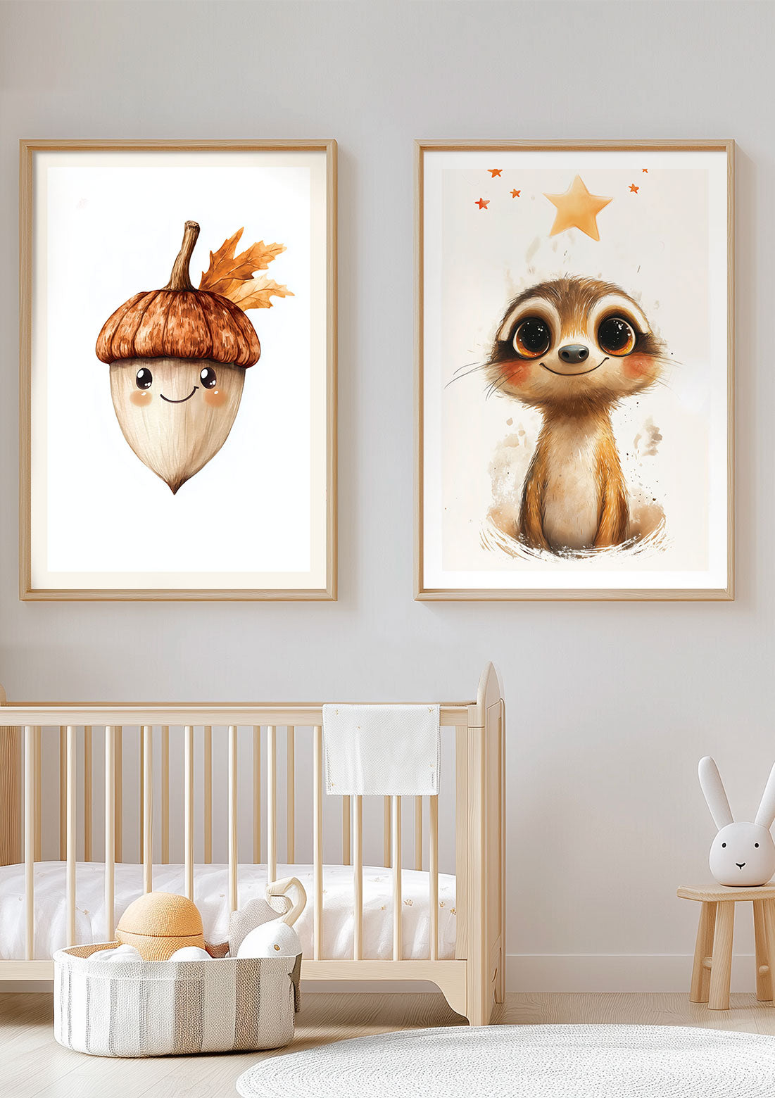 Duo d'affiche pour chambre bébé mise en situation au dessus d'un lit d'enfant