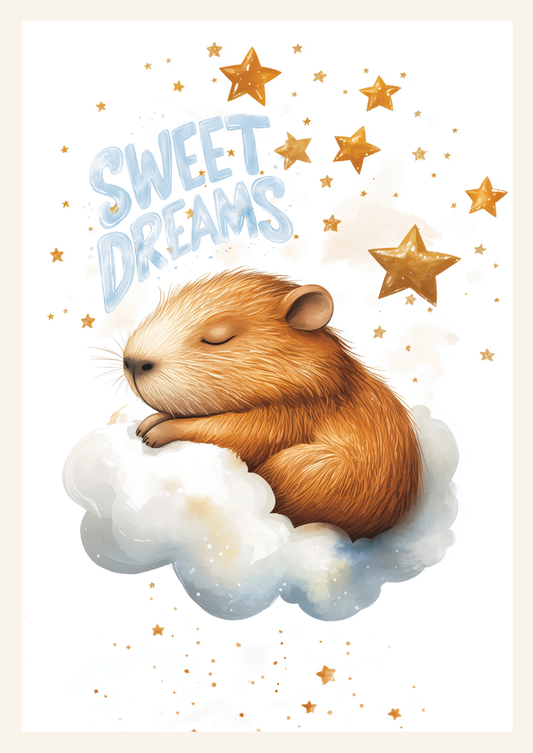 Affiche chambre enfant d'un capybara sur un nuage, avec le titre "sweet dreams".
