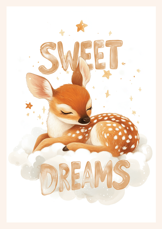 Affiche chambre enfant d'un faon sur un nuage, avec le titre "sweet dreams".