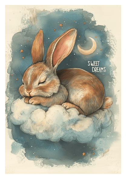 Affiche pour chambre bébé d'un lapin endormi sur un nuage, sur fond bleu avec une lune.
