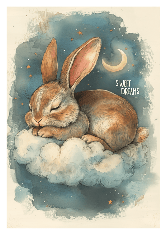 Affiche pour chambre bébé d'un lapin endormi sur un nuage, sur fond bleu avec une lune.