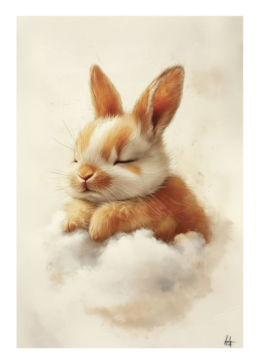 Affiche pour chambre bébé d'un lapereau endormi sur un nuage vaporeux.