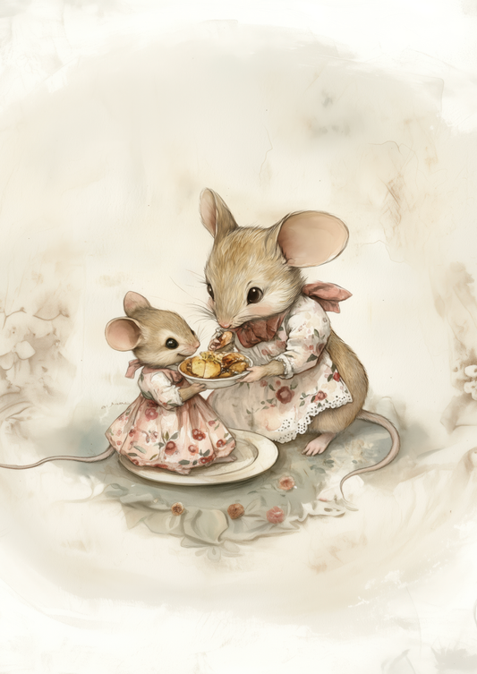 Affiche chambre enfant d'une maman souris qui donne le goûter à sa fille.