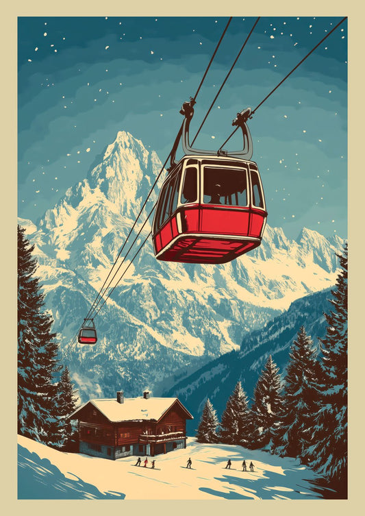 Affiche illustration vintage d'une télécabine rouge dans un paysage montagneux enneigé.