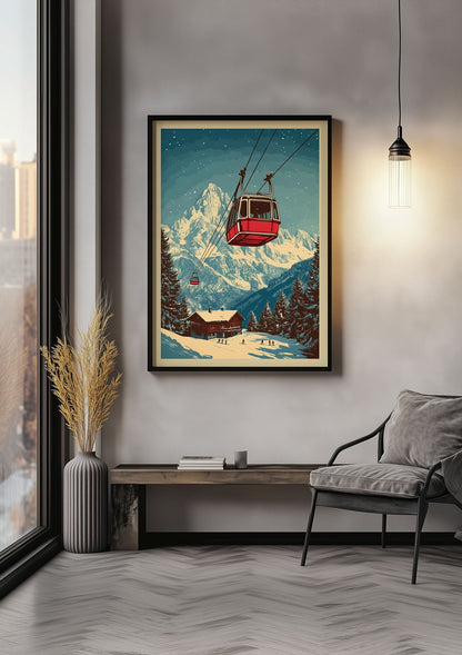 Affiche illustration vintage d'une télécabine rouge encadrée sur un mur.