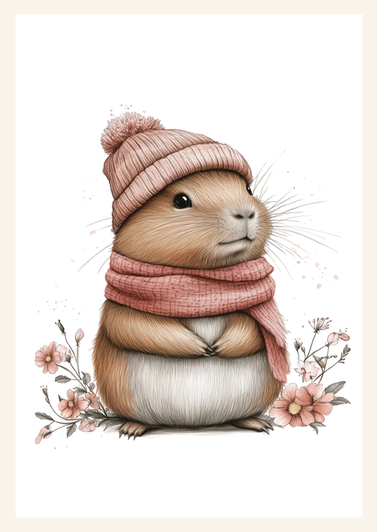 Affiche chambre enfant d'un capybara avec bonnet et écharpe sur fond clair.