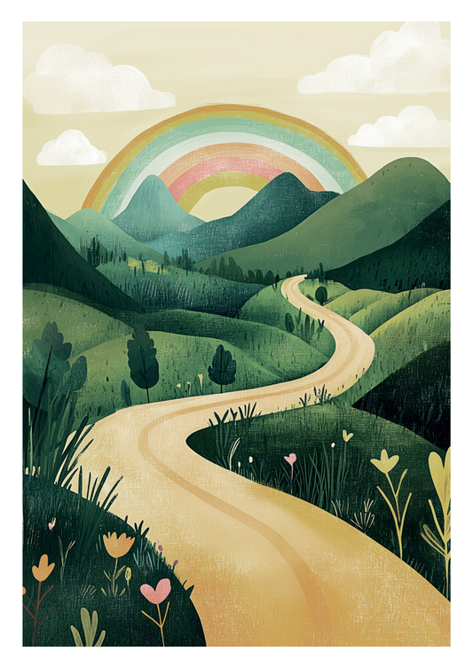 Affiche pour chambre enfant représentant un monde merveilleux avec un arc-en-ciel.