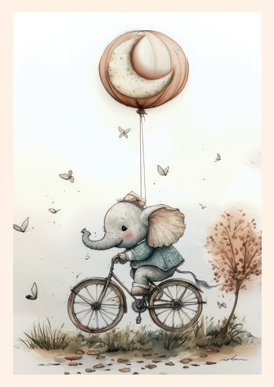 Affiche chambre enfant d'un éléphant à vélo, tracté par un ballon, à l'aquarelle. 