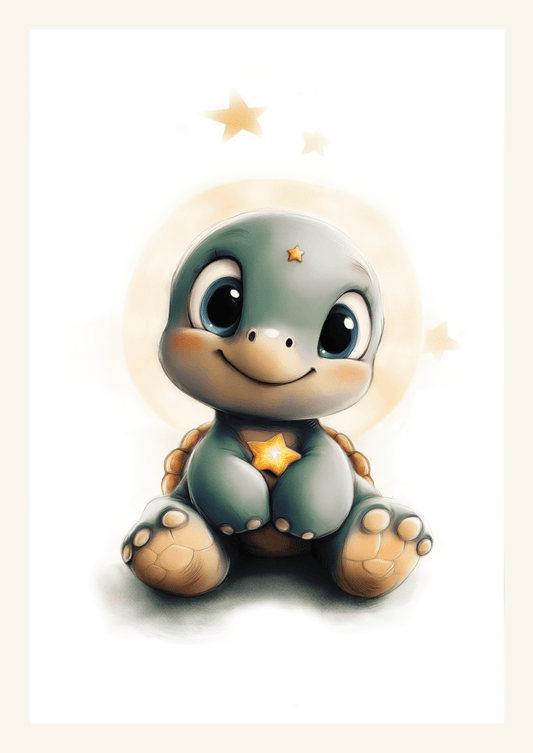 Affiche pour chambre bébé d'une petite tortue qui tient une étoile, sur fond blanc.