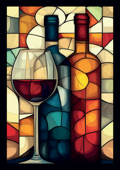 Affiche cuisine d'un vitrail de bouteilles de vin et un verre dans des teintes chaudes.