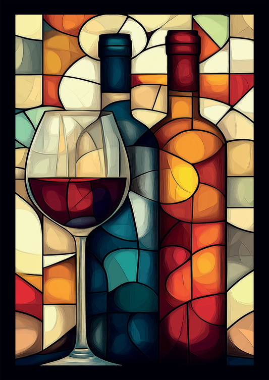 Affiche cuisine d'un vitrail de bouteilles de vin et un verre dans des teintes chaudes.