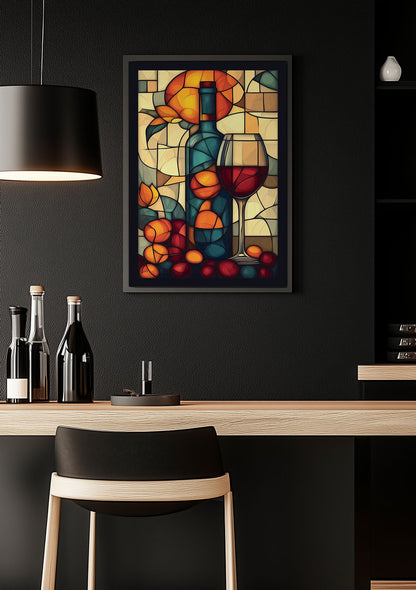 Affiche cuisine de vin, un verre et des agrumes encadrée dans une cuisine noire.