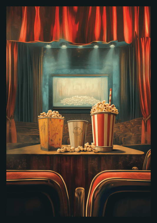 Affiche illustration vintage d'une salle de cinéma et pots de pop corn, tons rouges et bleus.