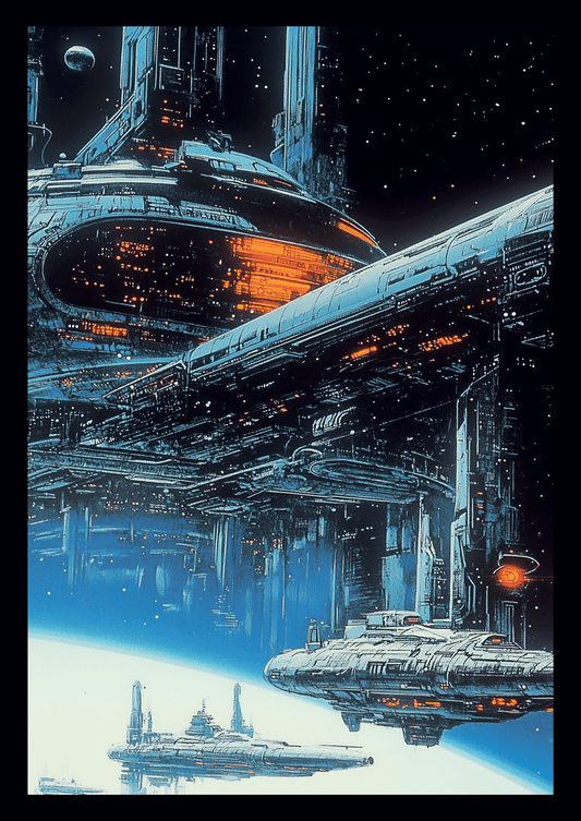 Affiche vintage science-fiction d'une station spatiales et ses vaisseaux.