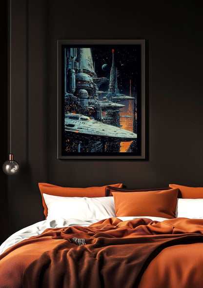 Affiche vintage science-fiction de vaisseaux mise en situation dans une chambre.